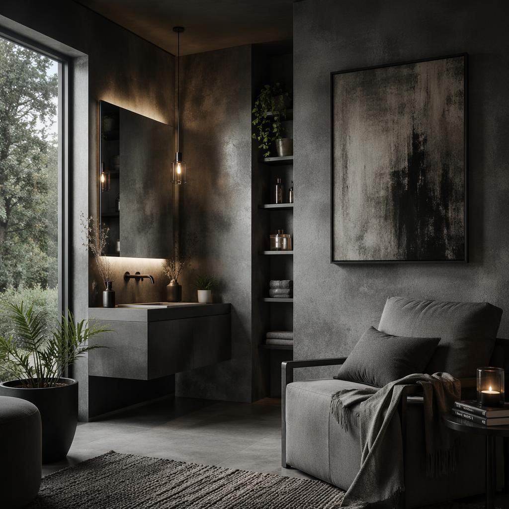 Moody industrial bathroom with raw concrete walls, natural materials, plants, art, and a styled contemporary layout.