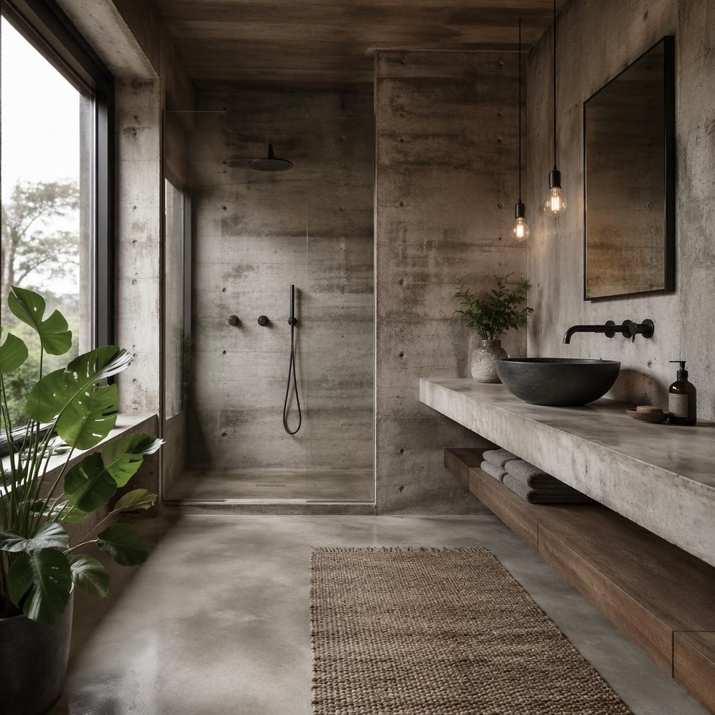 Render realista de interior tipo oficina con estilo industrial, hormigón visto, tonos cálidos neutros y luz difusa.