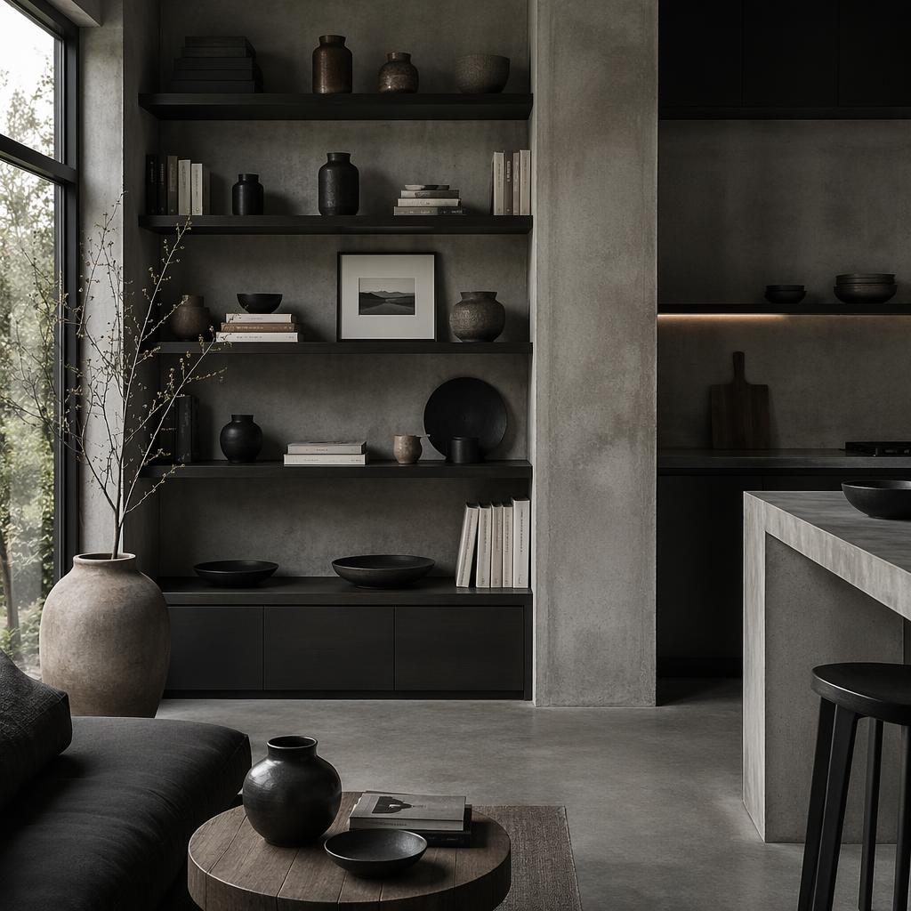 Rincón de lectura wabi-sabi en blanco y negro con librero decorado, cocina minimalista de concreto y plantas