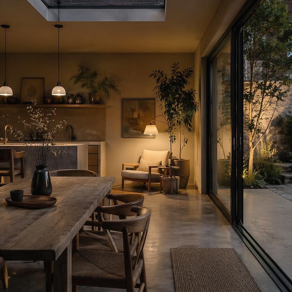 Industrial dining room with wabi sabi reading corner, warm neutrals, natural materials, plants, art and soft evening light