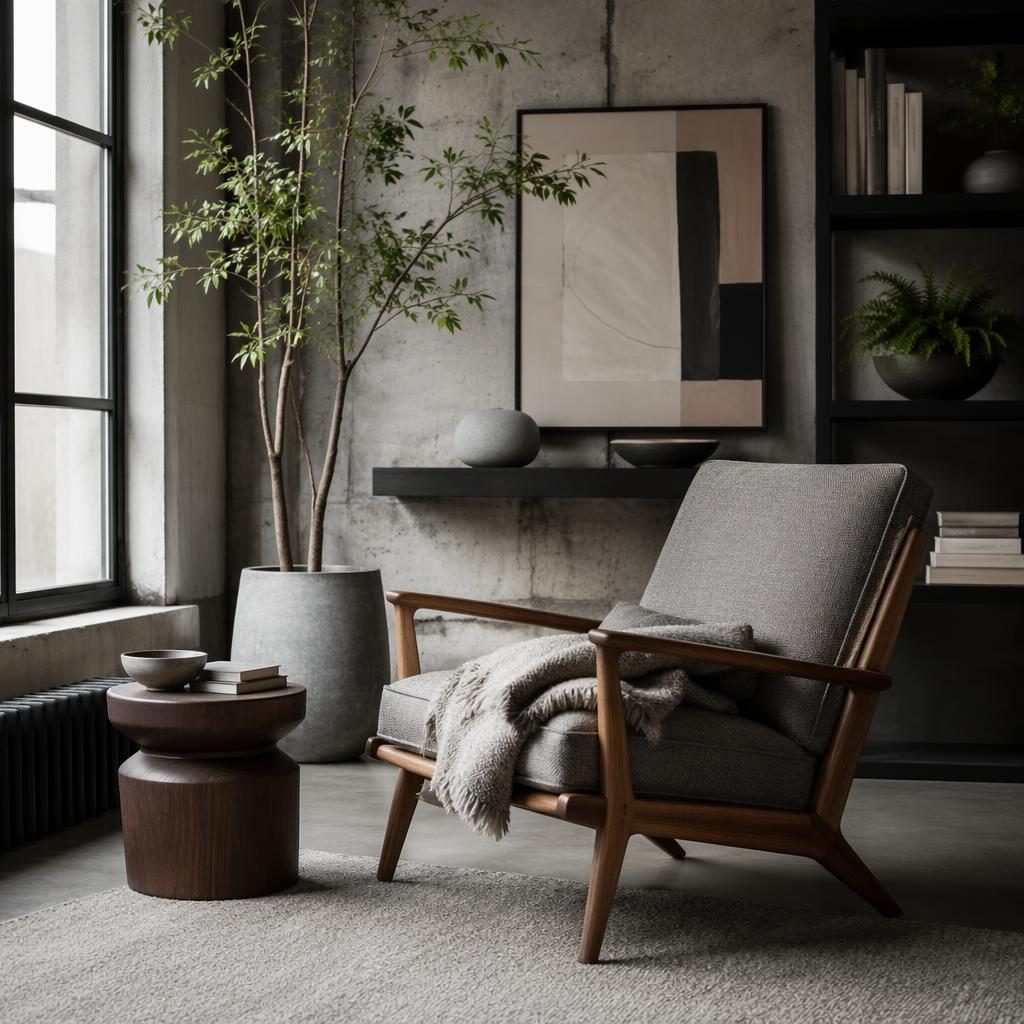 Mid century industrial reading lounge with cool grey palette, soft daylight, natural materials, plants and textiles