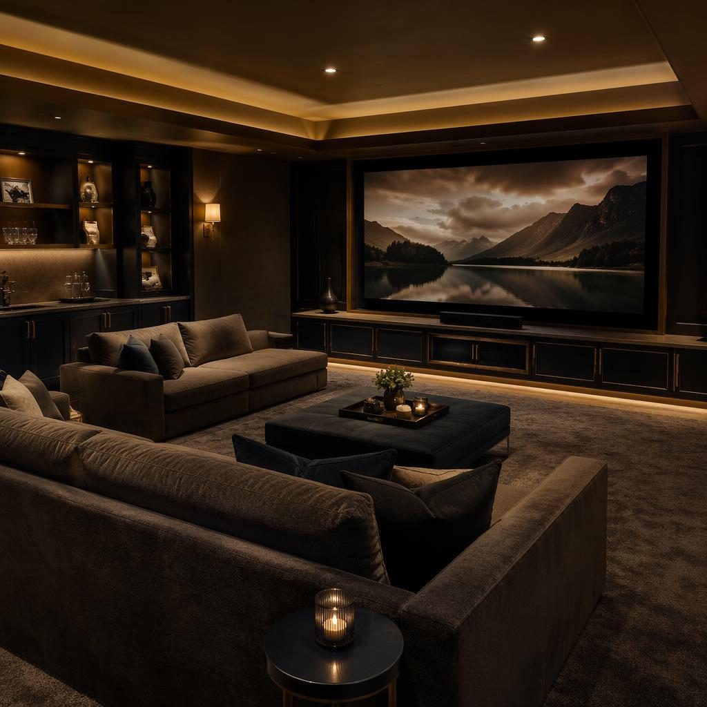 Dark luxurious basement home cinema with plush seating, moody lighting, brass accents, textiles, plants, and art.