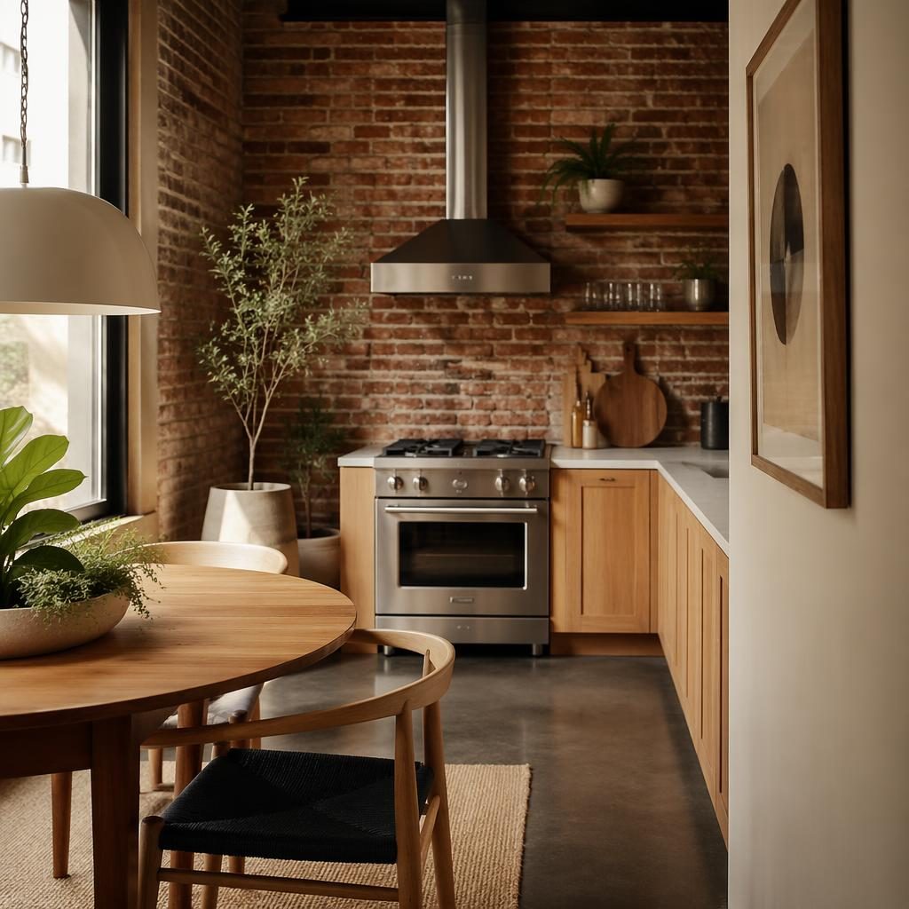 Render fotográfico de cocina industrial de ladrillo, tonos neutros cálidos, luz suave, plantas, arte y textiles, sin personas.