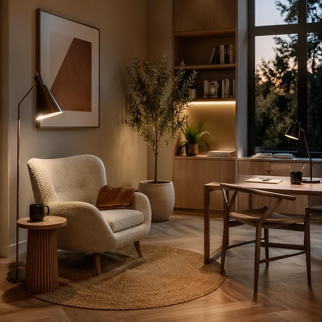 Minimalist Scandinavian reading nook in a warm earth-tone home office with natural wood, textiles, plants, and wall art.