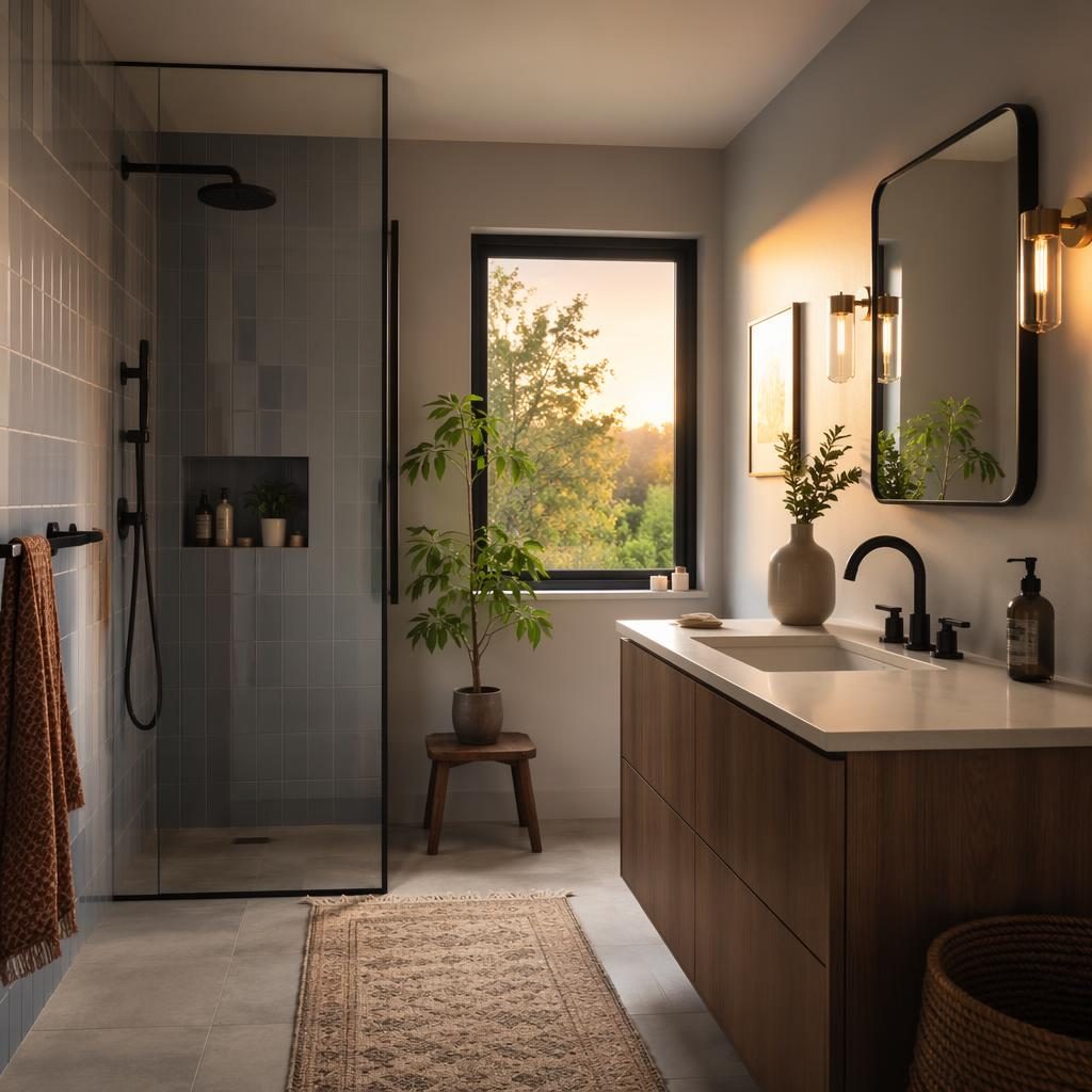 Scandinavian-style minimalist bathroom with black fixtures, blue accents, brass details, plants, and warm golden hour light.