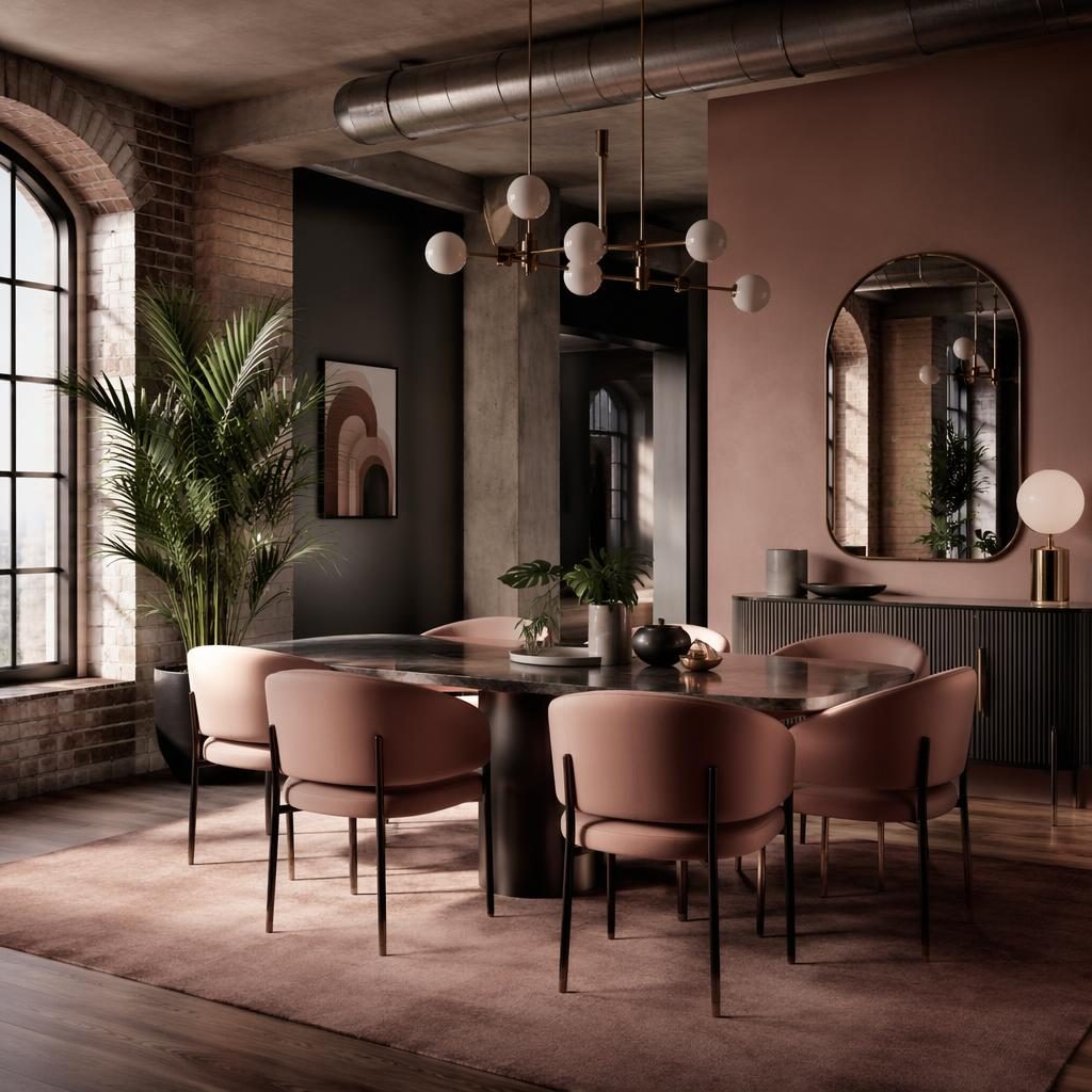Comedor art decó en loft industrial con tonos rosa pastel y beige, plantas, textiles y luz ambiental tenue