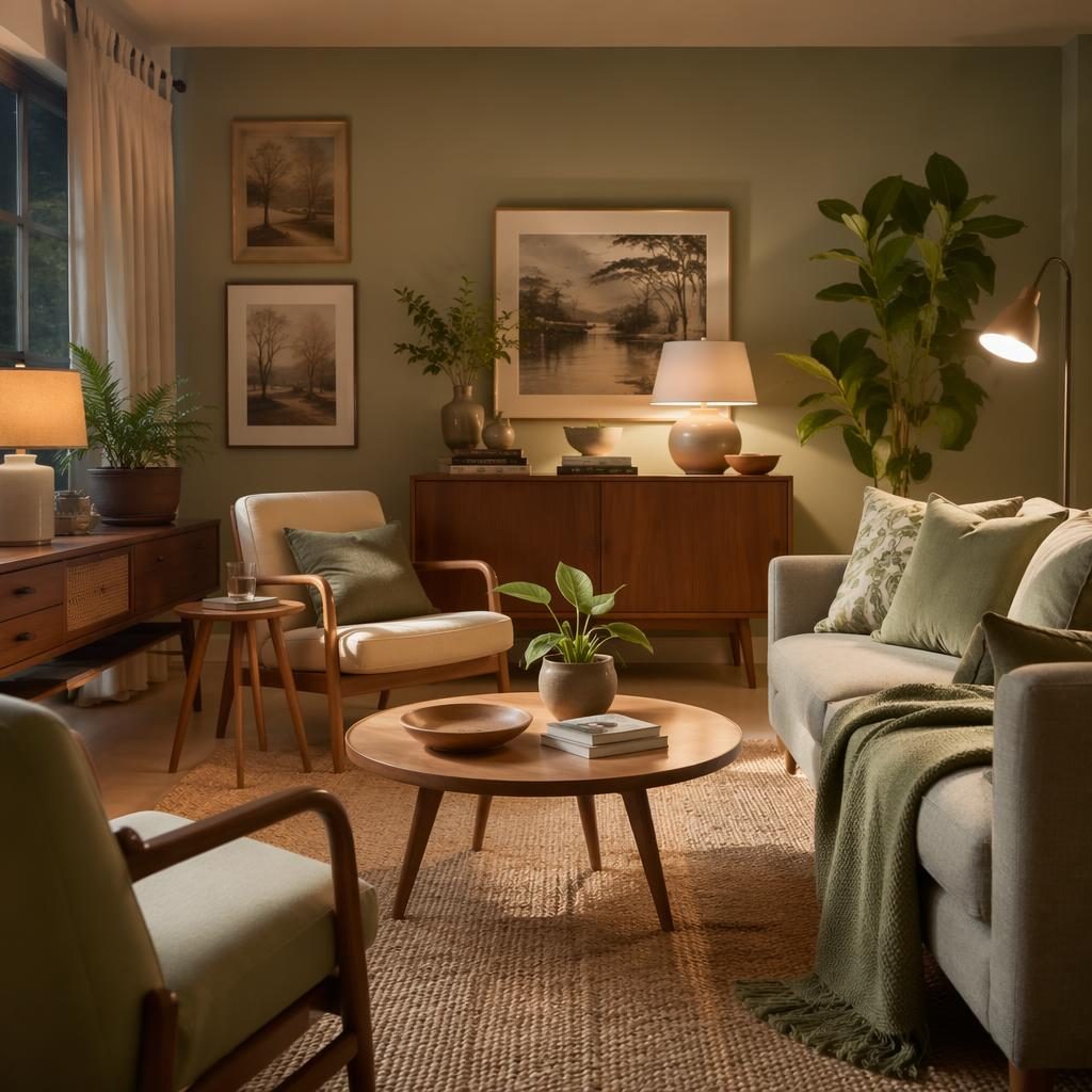 Salón escandinavo de estilo mid-century con paleta salvia y crema, luz cálida, plantas, arte, textiles y madera.