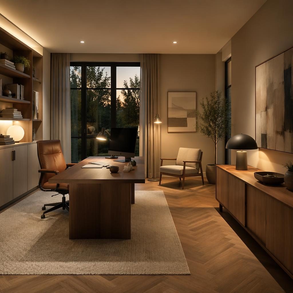 Skandinavisches Badezimmer mit warmen Naturtönen, Holz, Stein, Pflanzen, Textilien und stimmungsvoller Abendbeleuchtung.