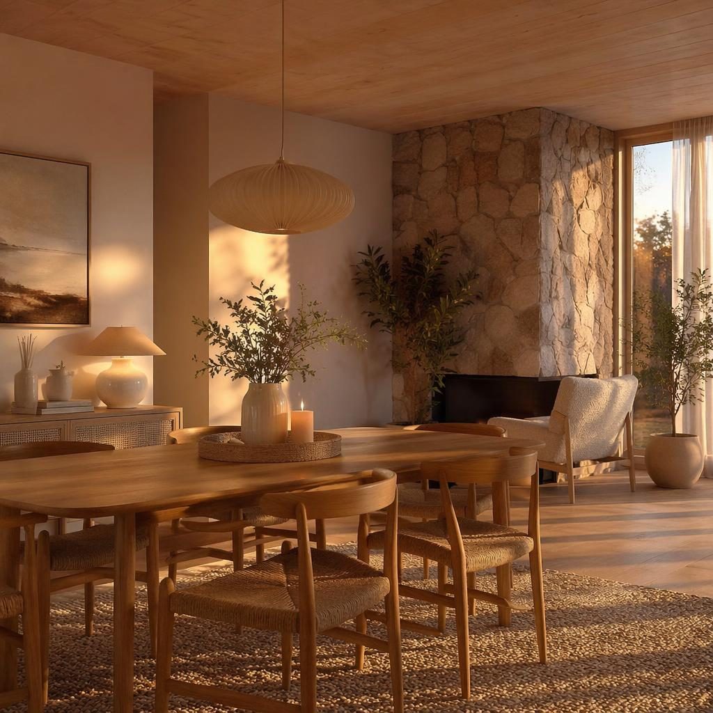 Comedor escandinavo realista con tonos rosa pastel y beige, luz dorada, madera natural, plantas, arte textil y sin personas.