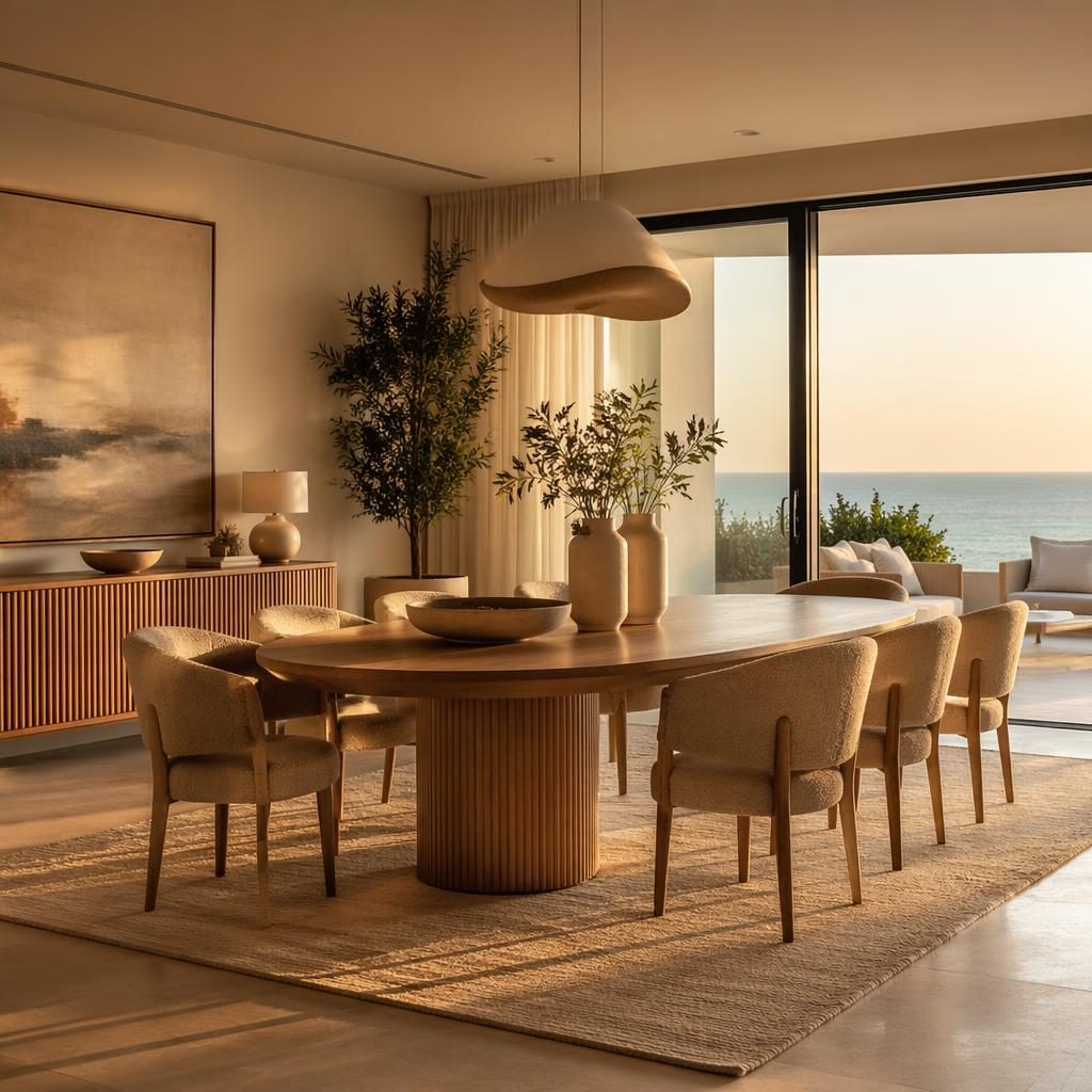 Comedor costero en penthouse de lujo con tonos neutros cálidos, luz dorada, materiales naturales, plantas y arte.