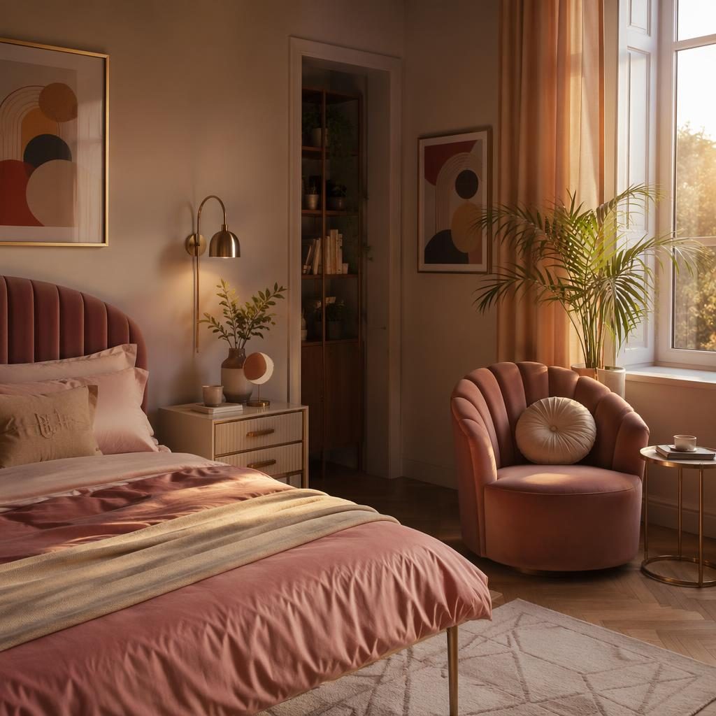 Art-Déco-Leseecke mit rosa-beiger Palette, Samt, Goldlicht, Pflanzen, Textilien und natürlichen Materialien, ohne Menschen