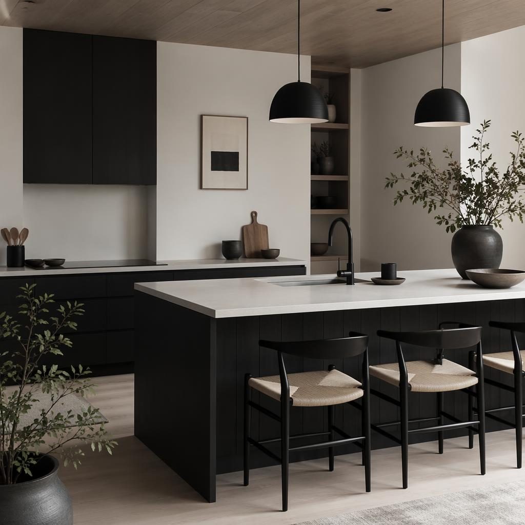 Scandinavian japandi kitchen interior with black and white palette, island, plants, art, textiles, and soft daylight