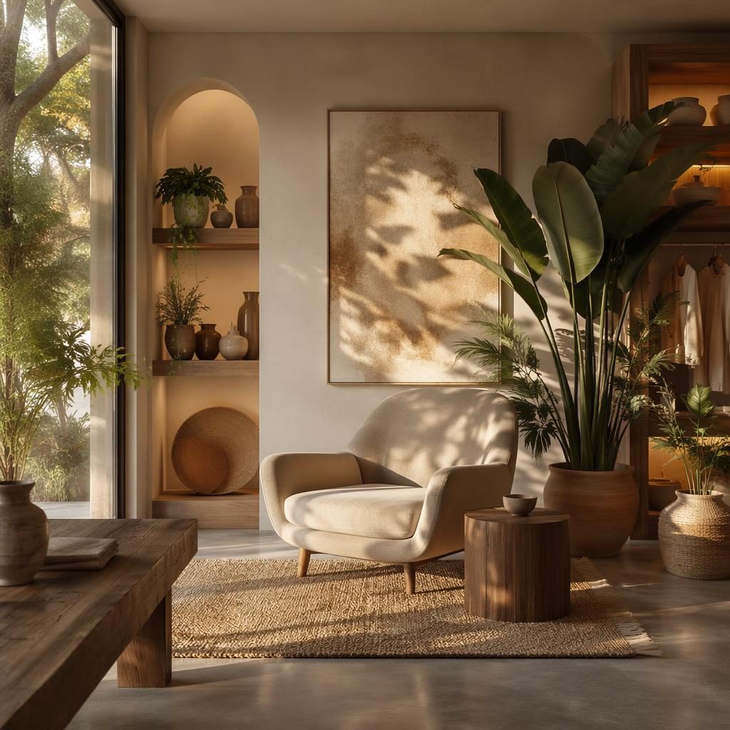 Sala minimalista en tonos tierra con rincón boho de lectura, plantas, textiles, arte y luz dorada, sin personas.