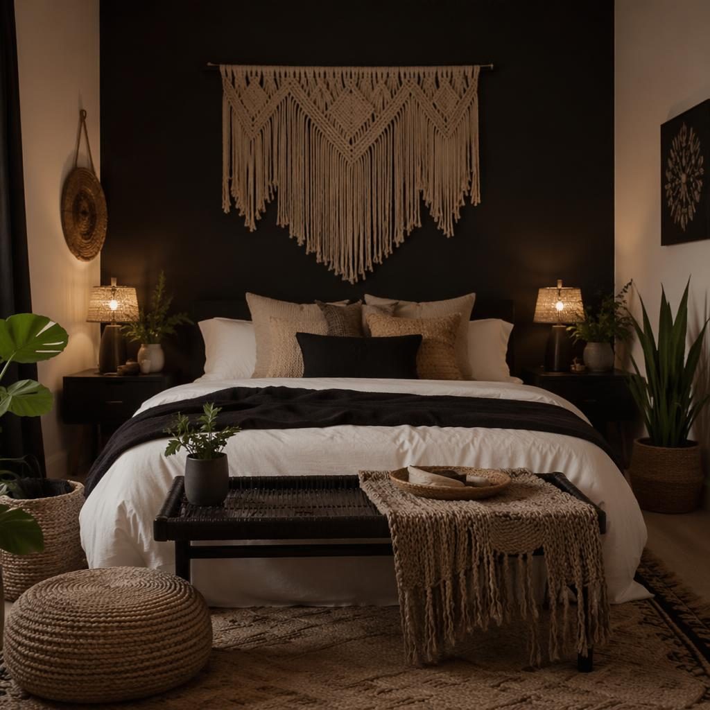 Art deco black and white interior with macrame, plants, textiles, warm evening light, and styled furniture layout.