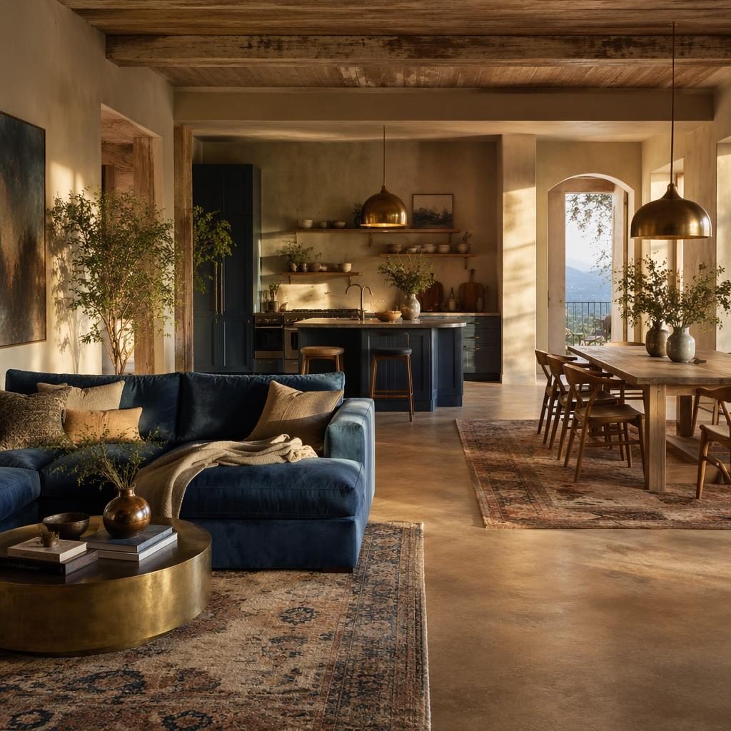 Wabi-sabi bedroom interior with blue and brass accents, warm rugs, plants, art, textiles, and golden hour light