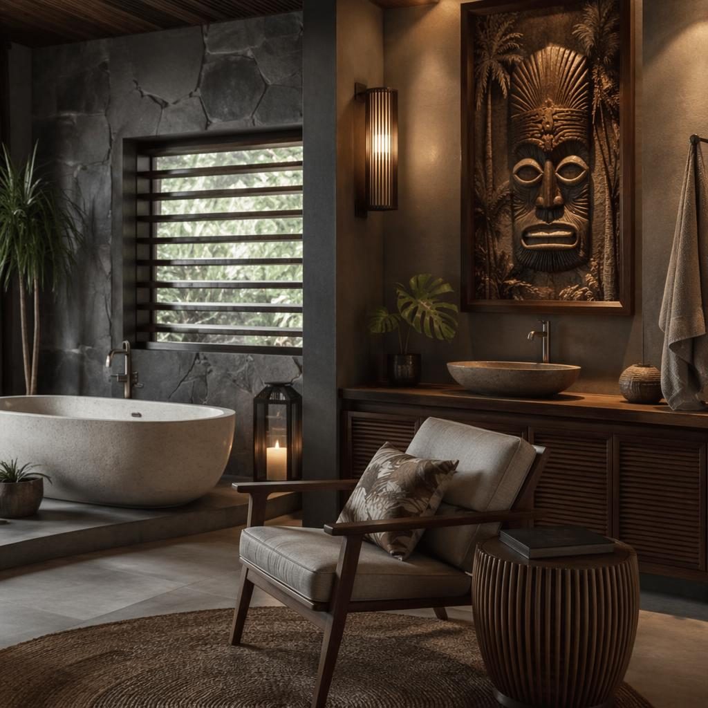 Moody coastal bathroom with cool grey palette, natural materials, plants, art, textiles, and a mid-century reading lounge.