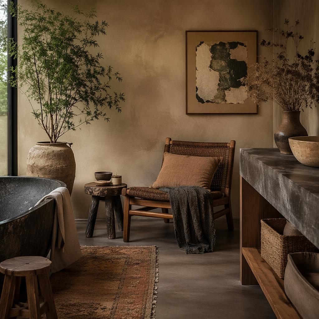 Boho bathroom with a wabi sabi reading corner, earth-tone palette, natural materials, plants, textiles, and soft diffused light.