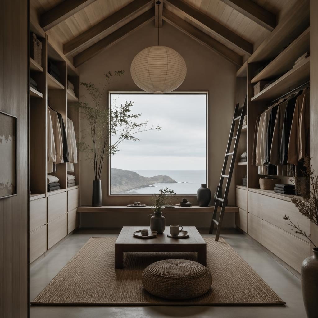 Realistic interior render of a Japandi tea room walk-in closet with earth tones, natural materials, plants, art, and soft diffused light.