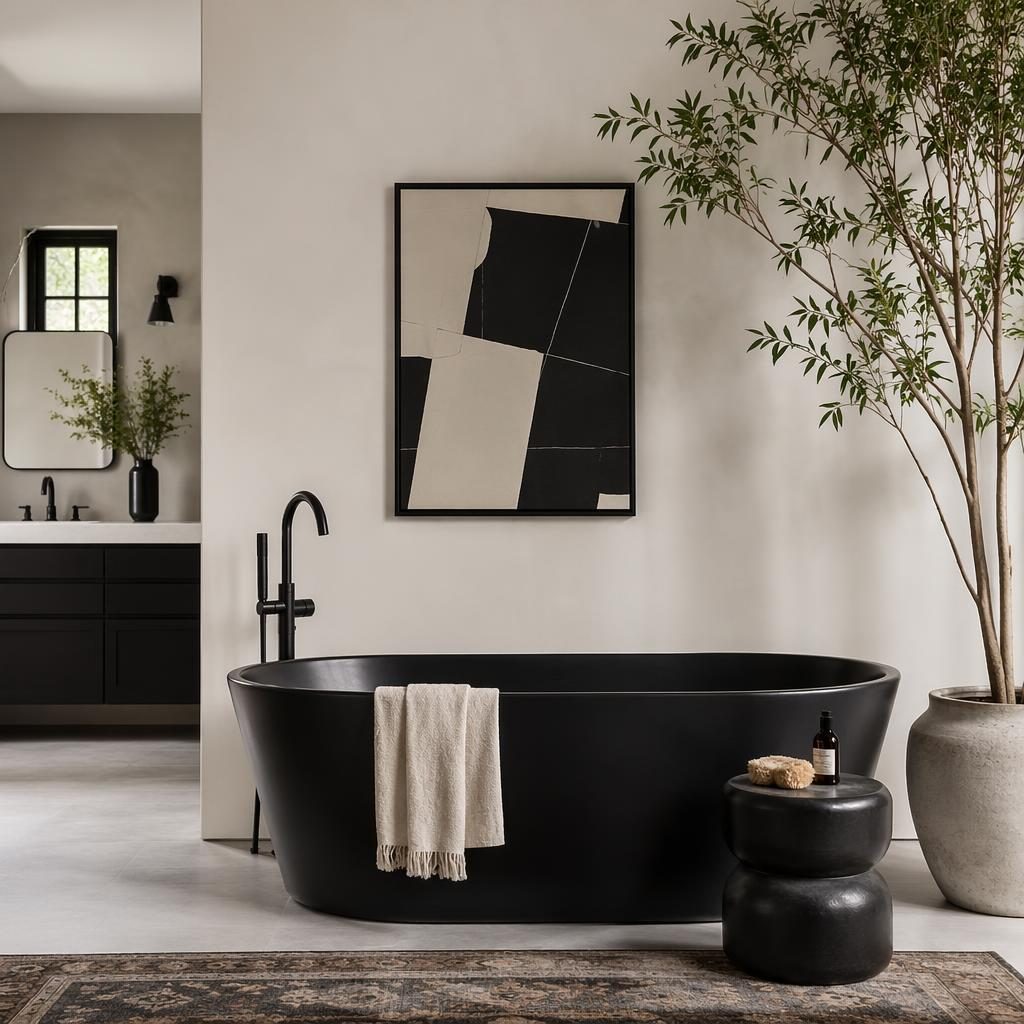 Mid-century walk-in closet interior in black and white with black fixtures, soft daylight, plants, art and textiles.