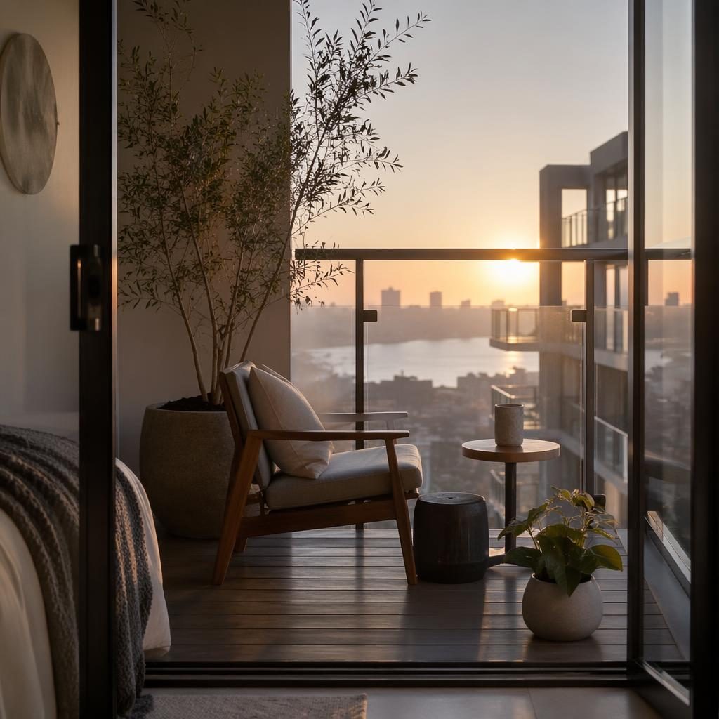 Mid-century walk-in closet interior with cool grey palette, natural wood, plants, textiles, art, and a Japandi balcony in golden hour light.