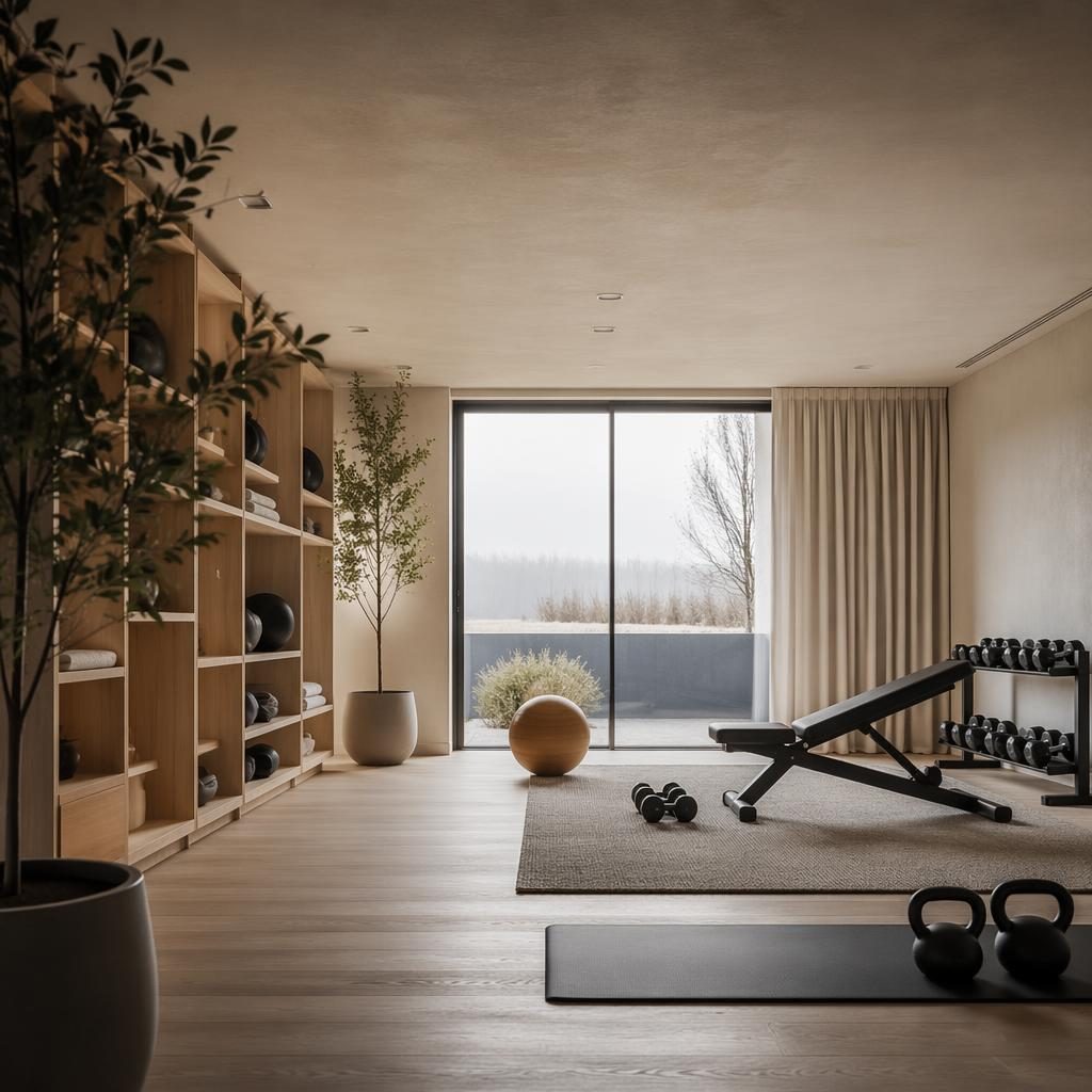 Minimalist Scandinavian home gym interior with earth-tone decor, natural materials, plants, art, and soft overcast light.
