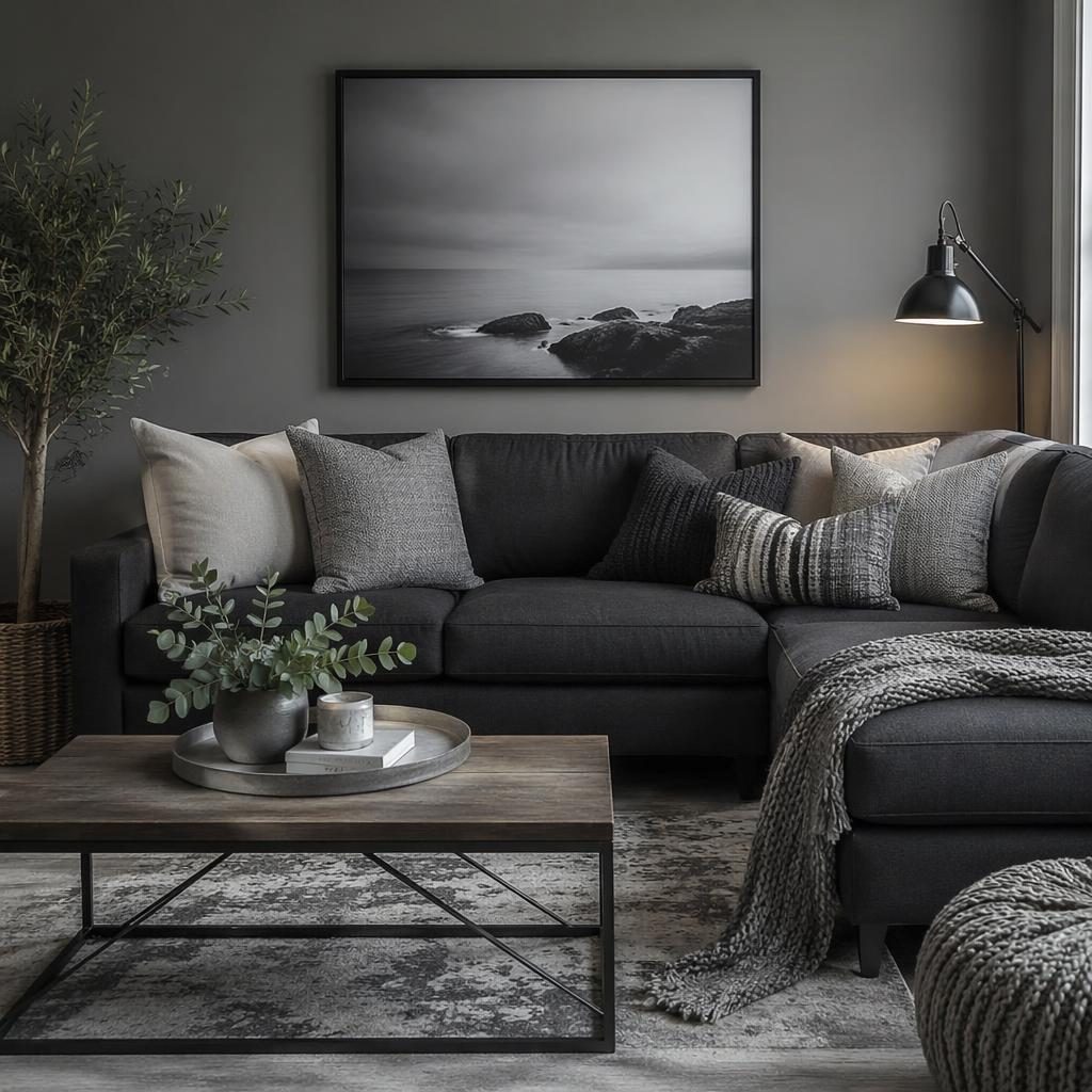 Modern teen bedroom interior with a dark grey couch, layered pillows, cool grey palette, plants, art, and natural textures.