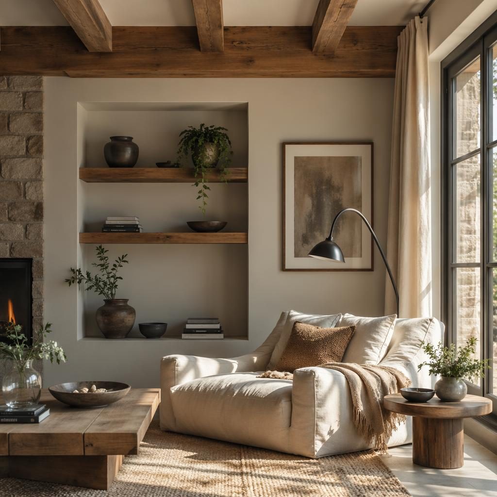 Minimalistische Leseecke im Landhausstil mit offenen Deckenbalken, warmen Naturtönen, Pflanzen, Kunst und Textilien.