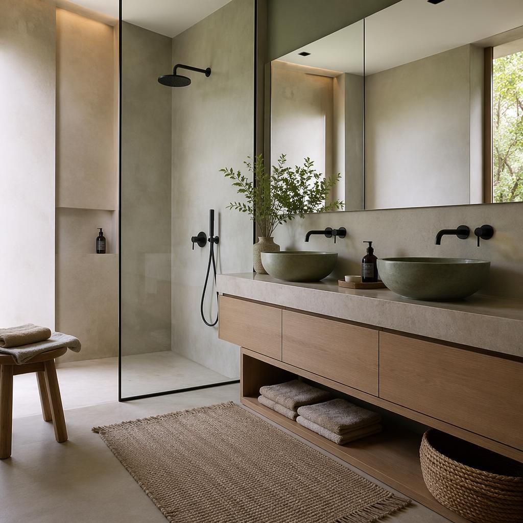 Minimalist bathroom with black fixtures, sage and cream tones, natural materials, plants, art, and soft diffused light