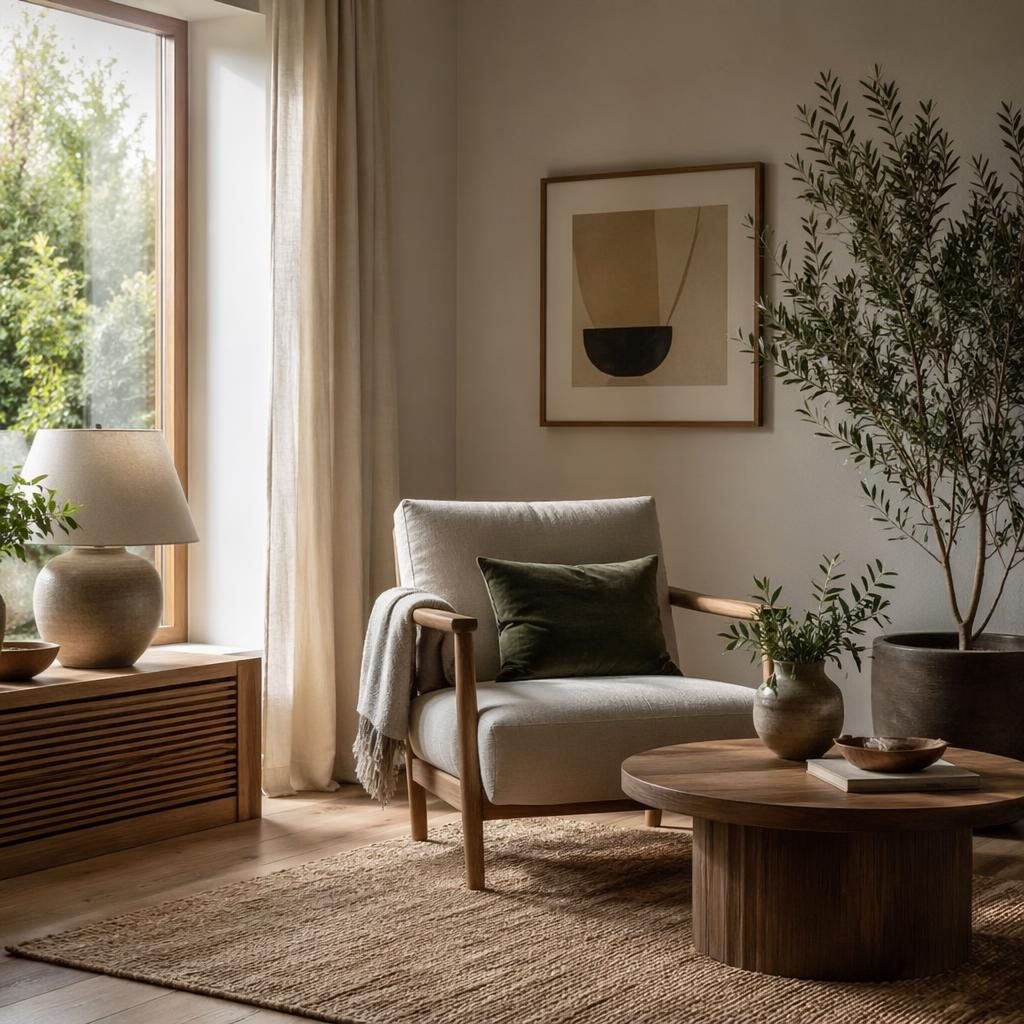 Helles Farmhouse-Homeoffice mit Japandi-Kücheninsel, Erdtönen, Naturmaterialien, Pflanzen, Kunst und Textilien