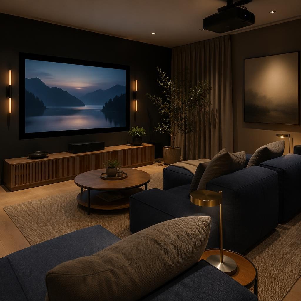 Japandi bedroom interior with blue and brass accents, warm evening light, natural materials, plants, art, and textiles