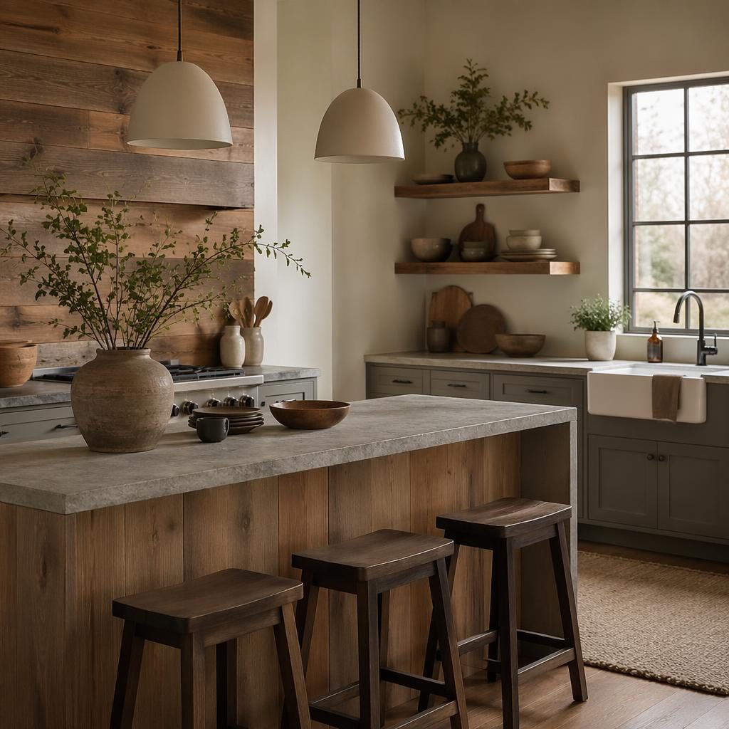 Modern farmhouse kitchen interior with a wood design wall, earth-tone palette, natural materials, plants, textiles, and soft overcast light.