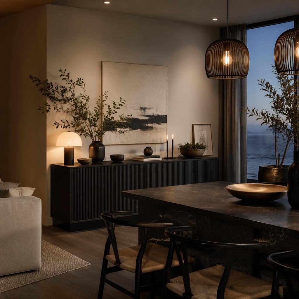 Küsteninspiriertes Esszimmer mit Schwarz-Weiß-Palette, Japandi-Kücheninsel, Pflanzen, Kunst, Textilien und warmem Abendlicht.