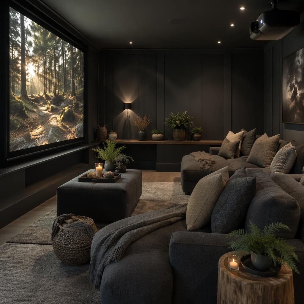 Dressing style farmhouse en gris froid, lumière dorée, matériaux naturels, textiles, plantes et mobilier raffiné