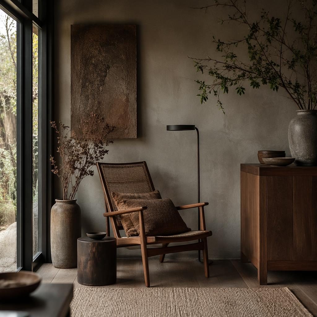 Moody Scandinavian entryway styled as a wabi sabi reading corner with warm neutrals, natural materials, plants and art
