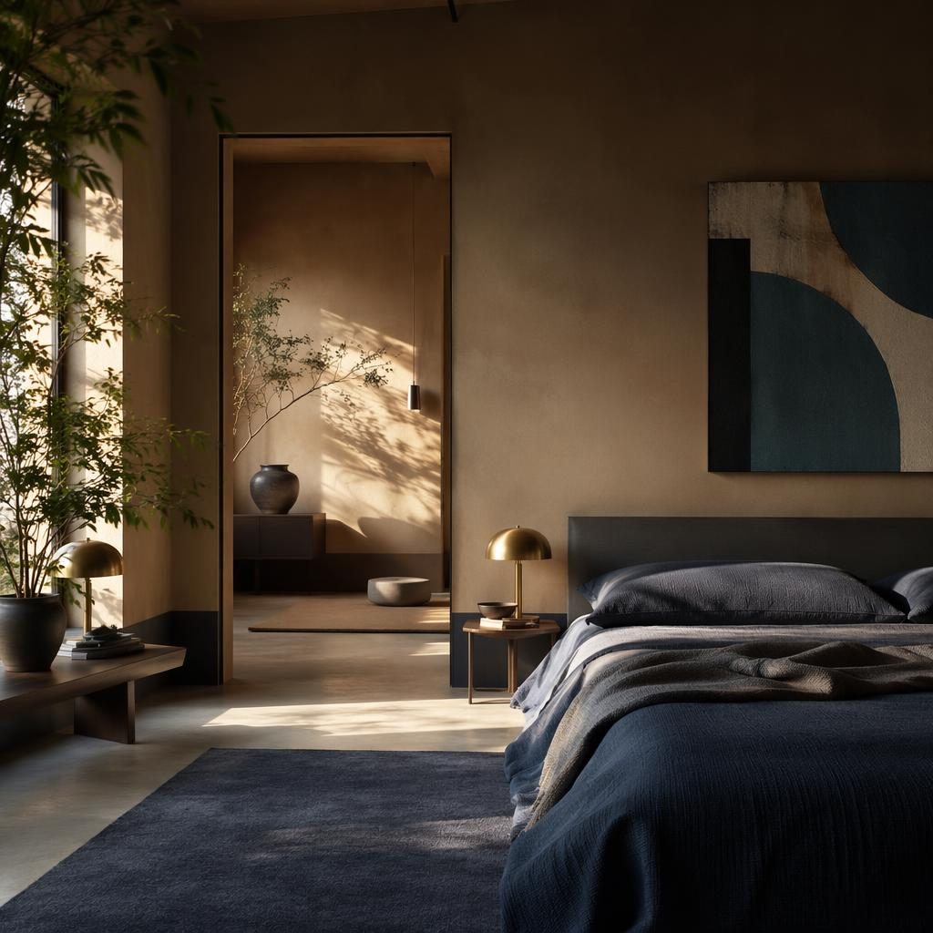 Japandi-Schlafzimmer mit blauer und messingfarbener Palette, Naturmaterialien, Pflanzen, Kunst und warmem Abendlicht