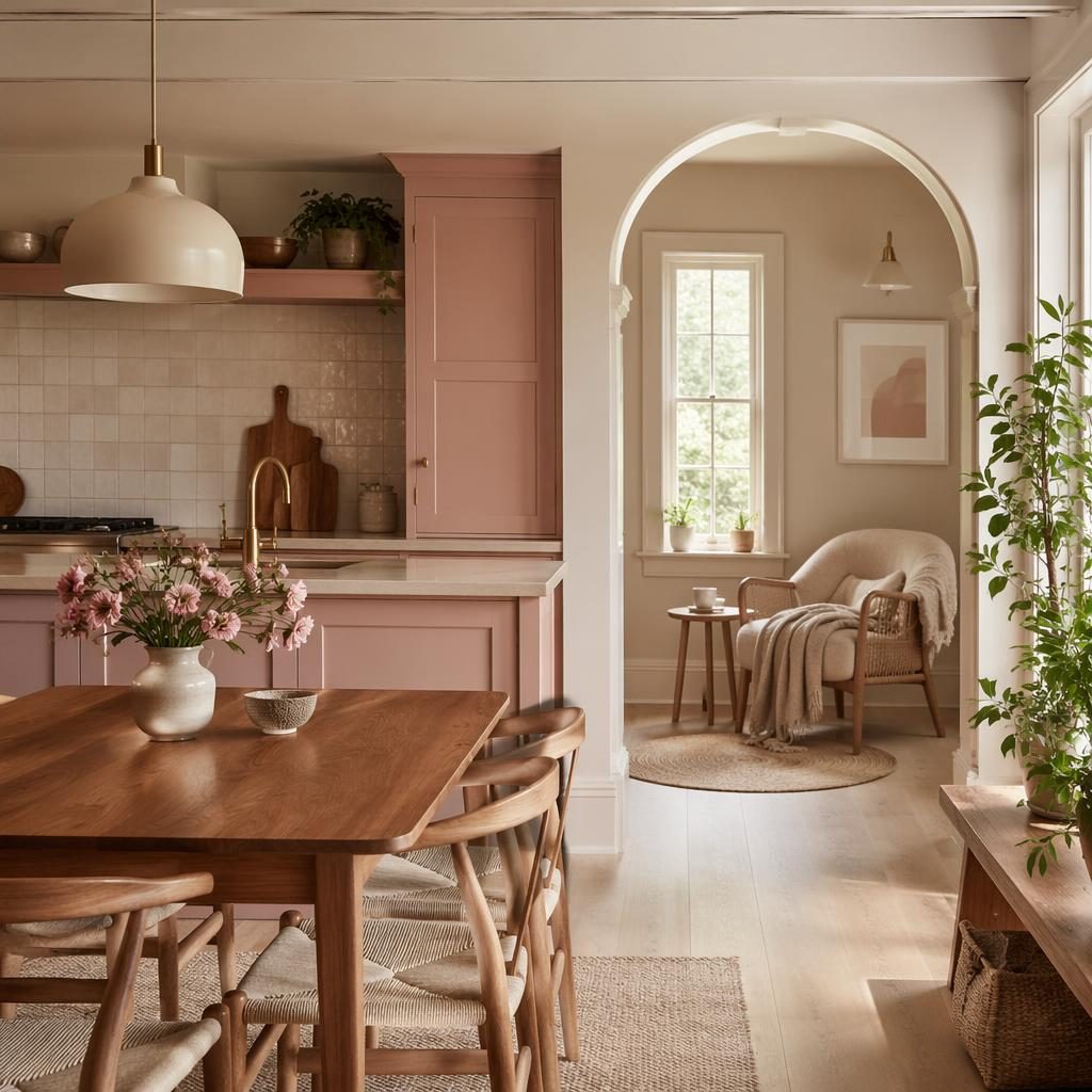 Coin lecture de style farmhouse aux tons rose pastel et beige, bois chaleureux, plantes, textiles et lumière du jour.