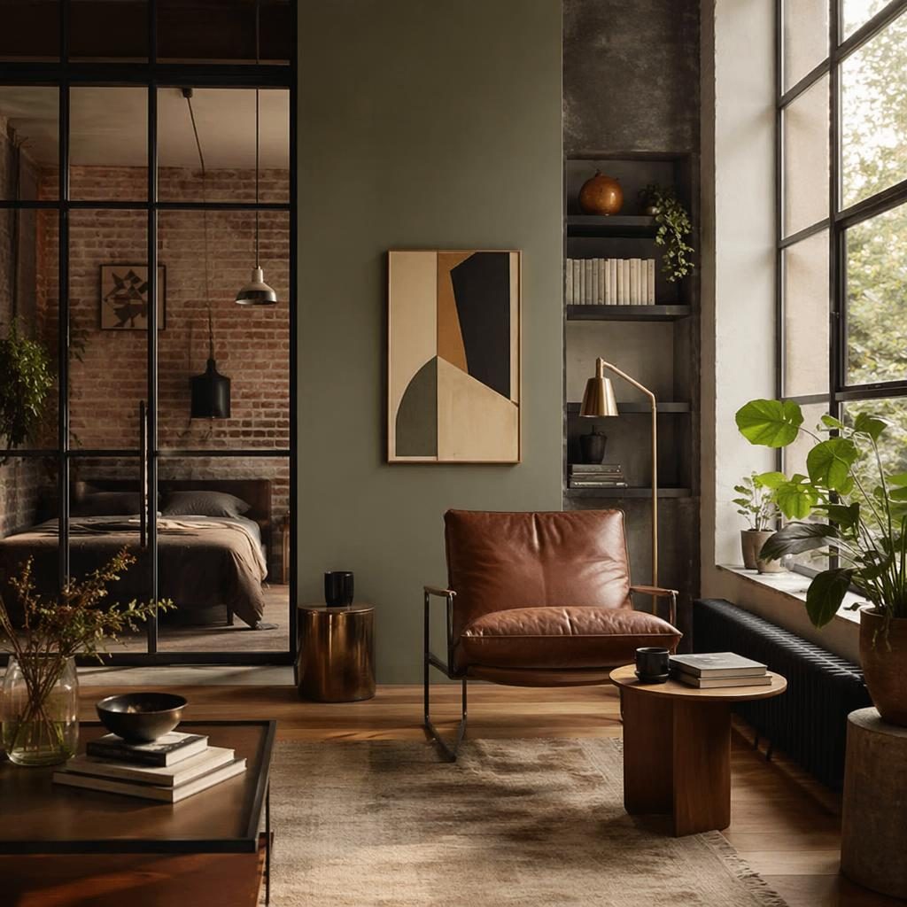 Art-Déco-Lesebereich in Industrial-Loft-Wohnung mit Erdtönen, Sesseln, Pflanzen, Textilien und weichem Tageslicht