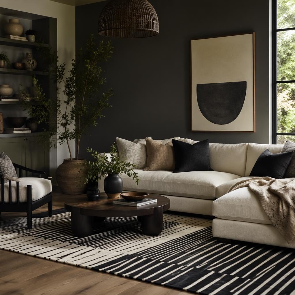 Moody coastal interior with open shelving, earth-tone decor, plants, textiles, and a black and white carpet living room aesthetic.
