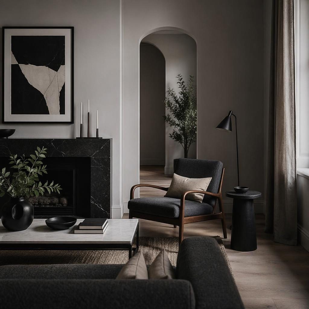 Skandinavisches Schlafzimmer mit Art-Déco-Lesenische, Erdtönen, natürlichen Materialien, Pflanzen, Textilien und moody Licht