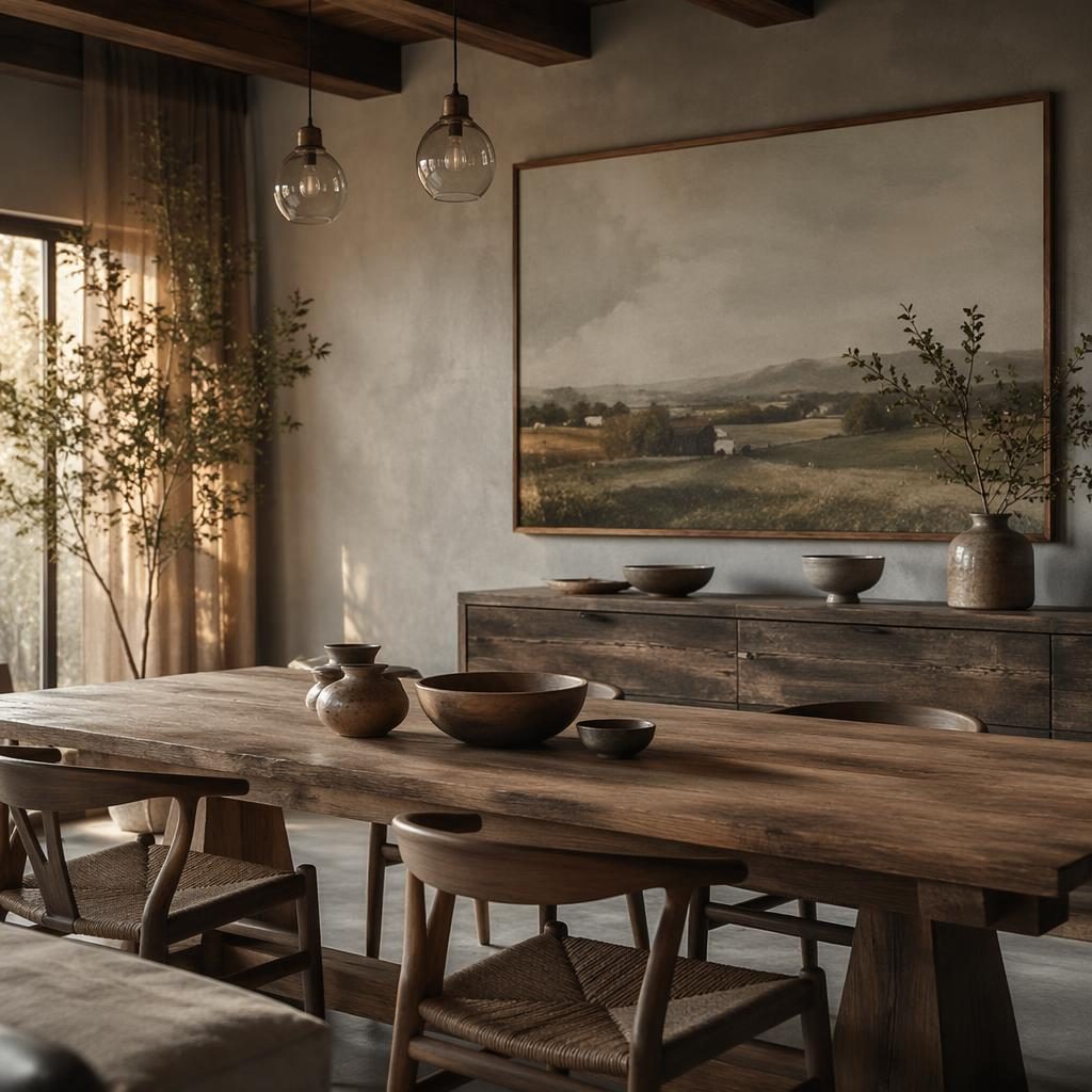 Modern farmhouse kitchen in cool grey tones at golden hour with natural wood, plants, textiles, and wall art.