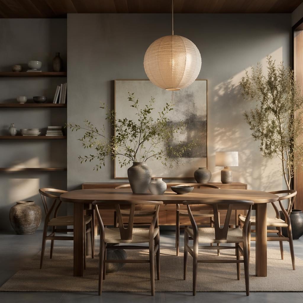 Salón japandi con tonos neutros cálidos, luz dorada, materiales naturales, plantas, arte textil y mobiliario ordenado.