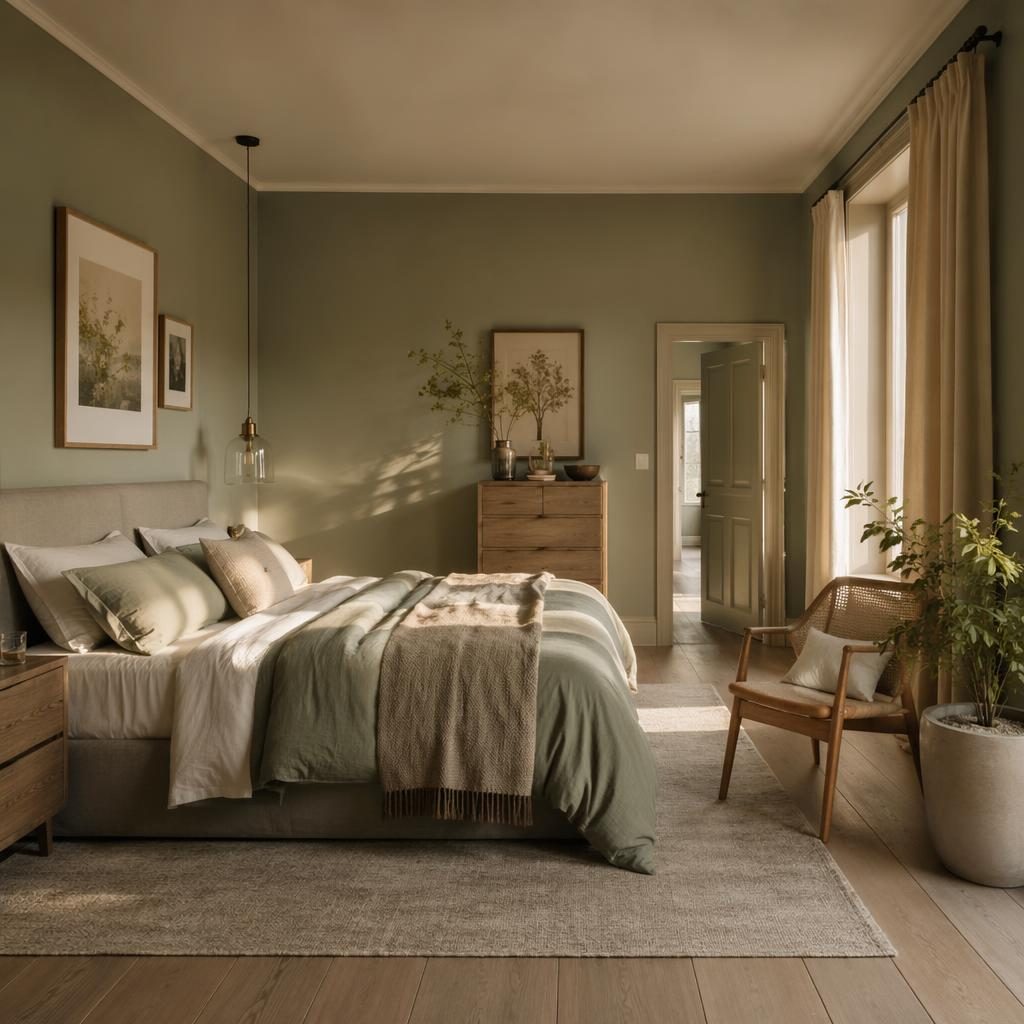 Schlafzimmer im Industrie-Stil mit salbei- und cremefarbenen Textilien, Pflanzen, Kunst und warmem Abendlicht
