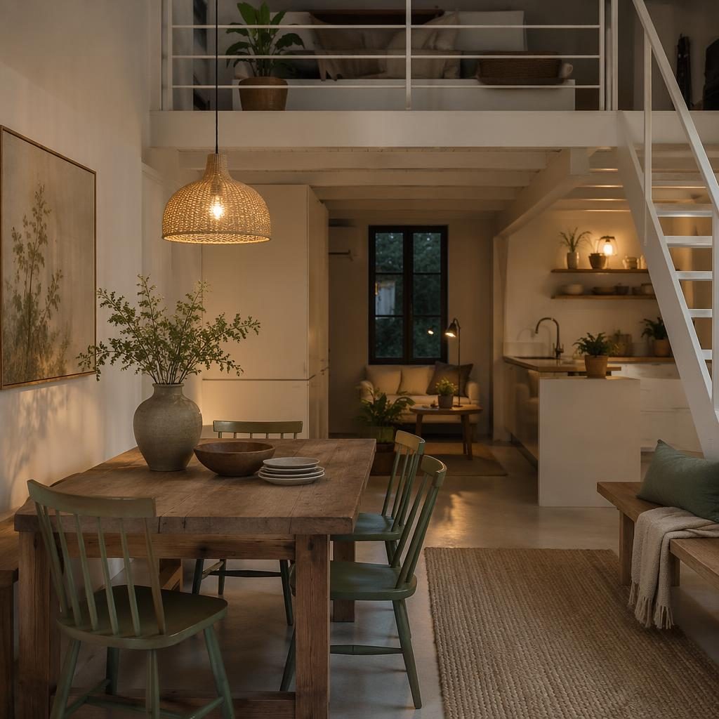Minimalistischer weißer Loft-Essbereich mit Salbei-Creme-Palette, Naturmaterialien, Pflanzen und warmem Abendlicht