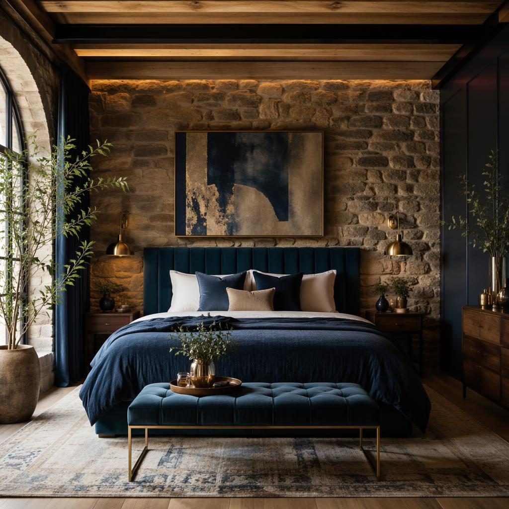 Art-Déco-Schlafzimmer in Blau und Messing mit Naturmaterialien, Pflanzen, Textilien und weichem Tageslicht