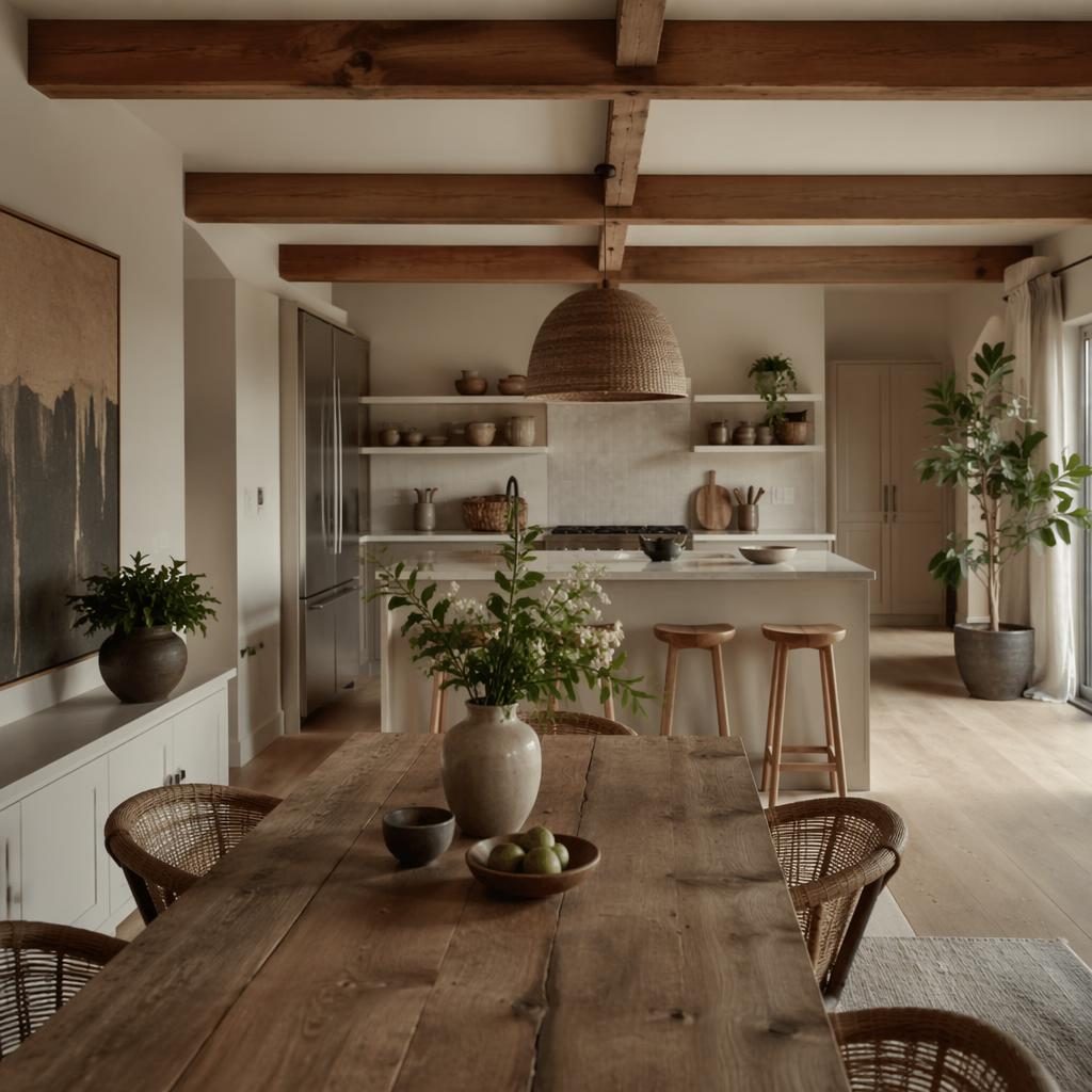 Moderne offene Küche im Landhausstil mit sichtbaren Holzbalken, warmen Naturtönen, Pflanzen und Esstisch, ohne Personen.
