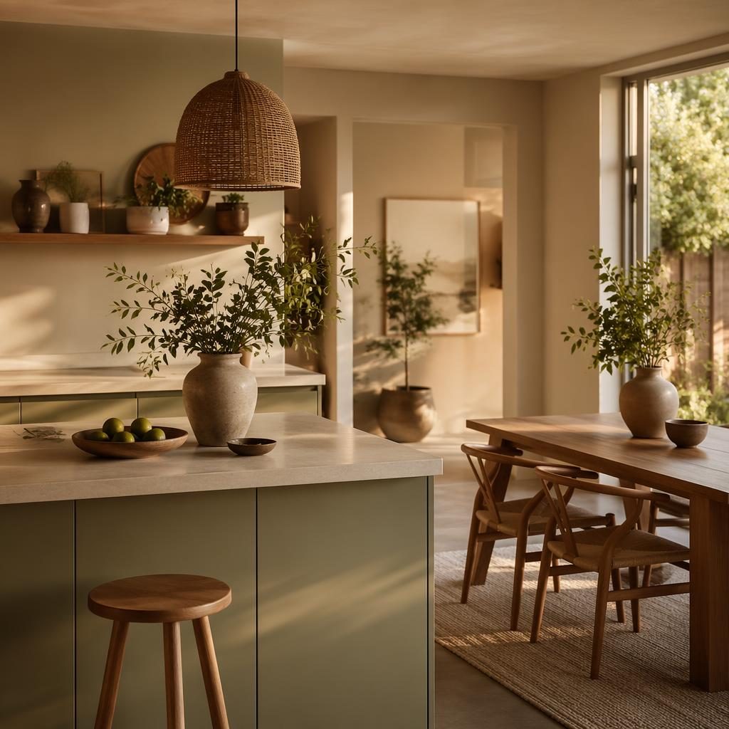 Cocina comedor escandinava con isla japandi, tonos salvia y crema, luz dorada, plantas, arte y textiles.