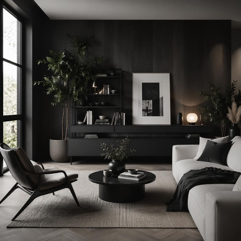 Salon scandinave noir et blanc, ambiance cinématographique, mobilier épuré, plantes, art mural et matières naturelles.