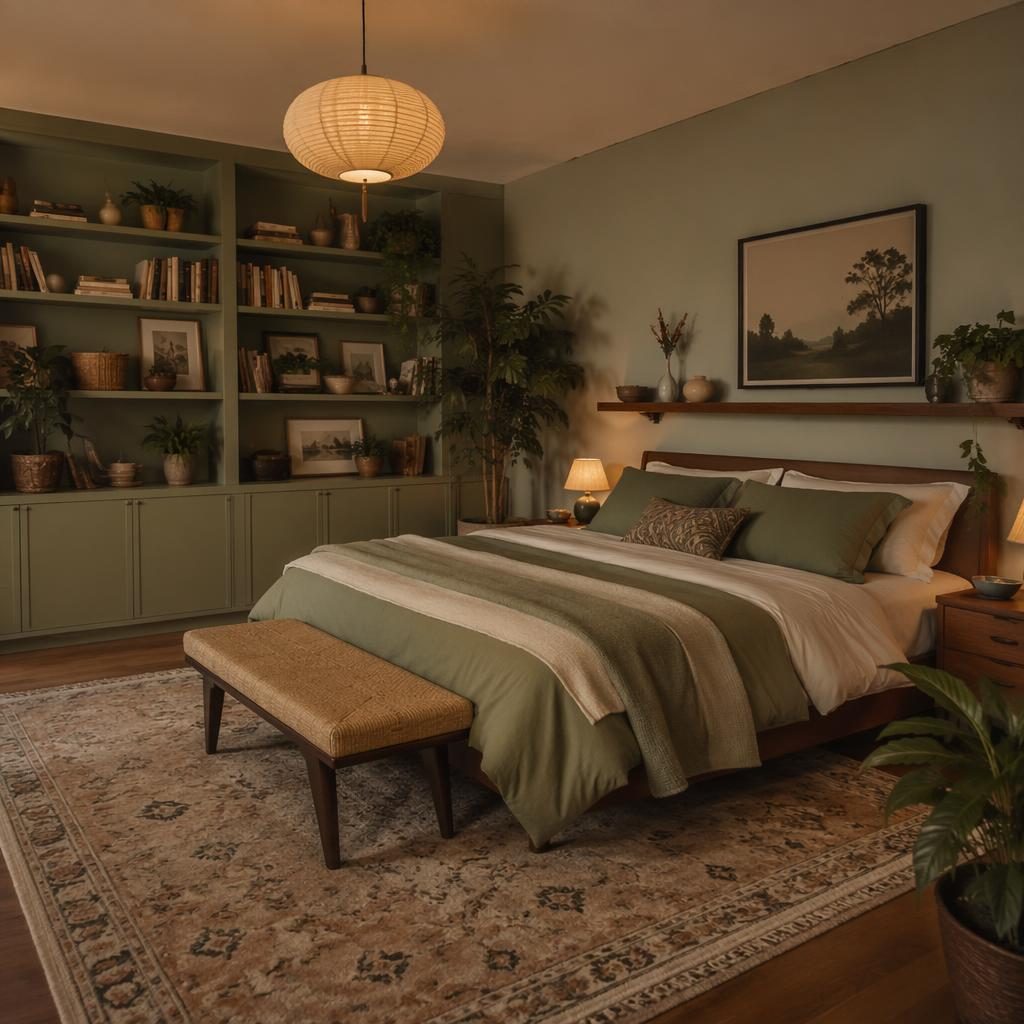 Dormitorio mid-century en tonos salvia y crema, luz cálida, madera, textiles, plantas, arte y alfombra boho.