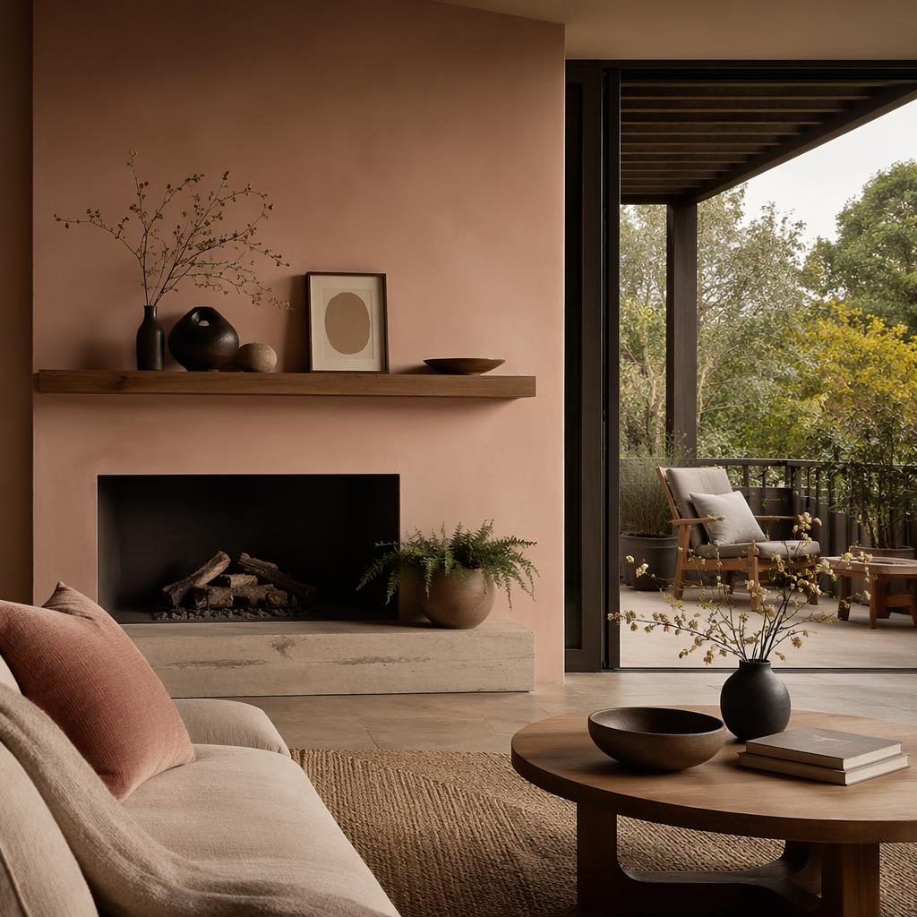 Mid-century living room with pastel pink and beige tones, fireplace decor, japandi balcony, plants, art, and textiles