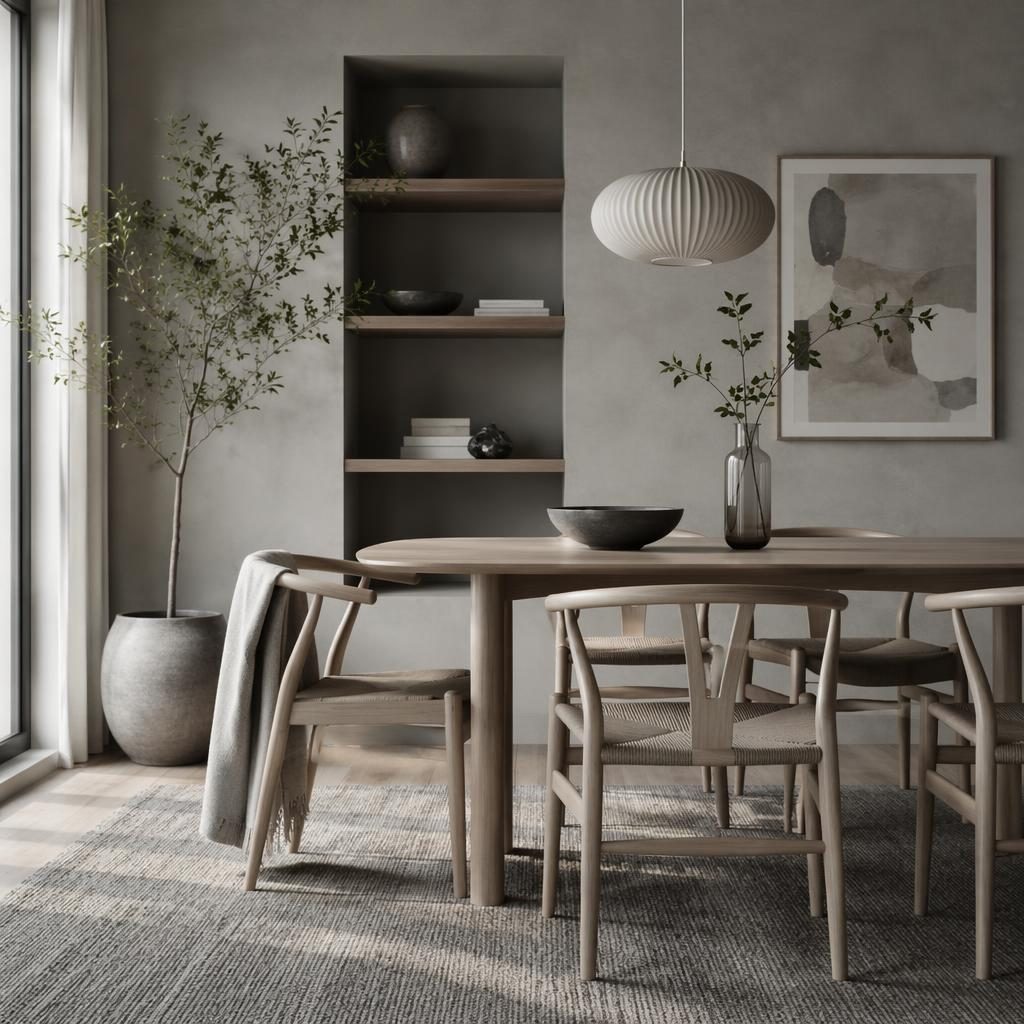 Comedor escandinavo estilo japandi en grises fríos, con luz natural suave, madera, plantas, arte y textiles.